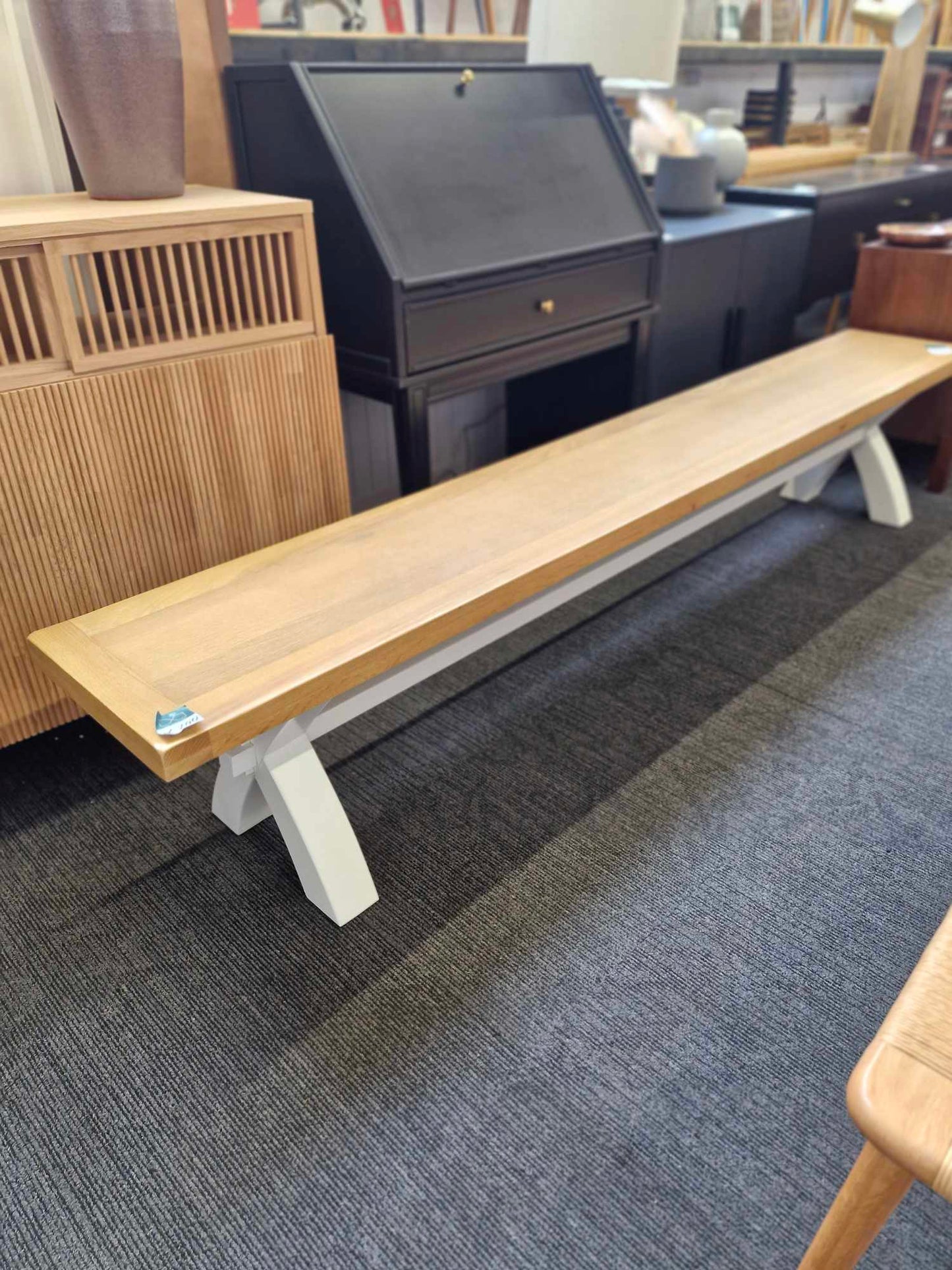 Extra Large Solid Wood Dining Bench White and Oak 250cm long