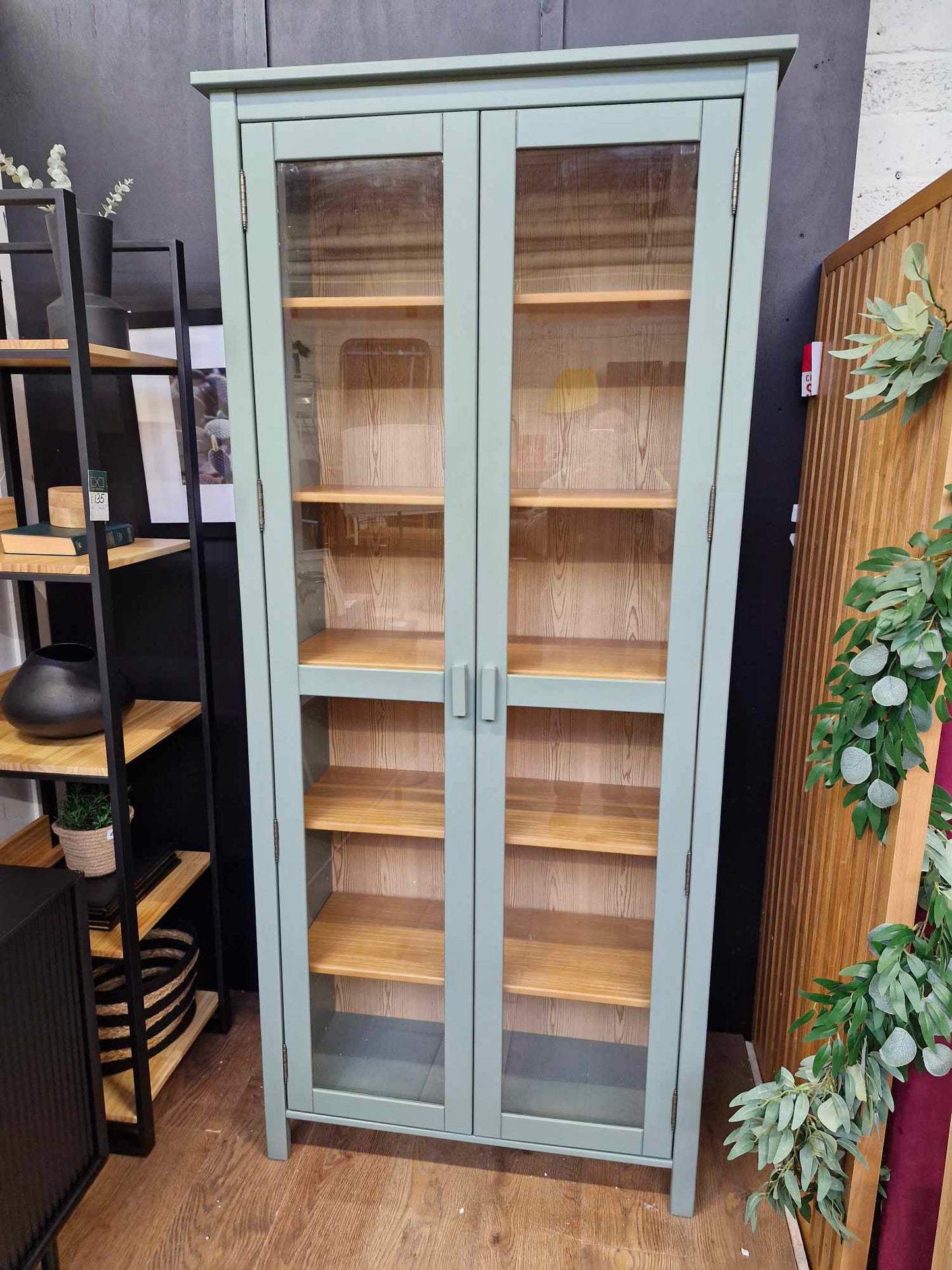 Green Eucalyptus and wood Tall cabinet with glass doors / Alvina Solid Pine Dresser Cabinet