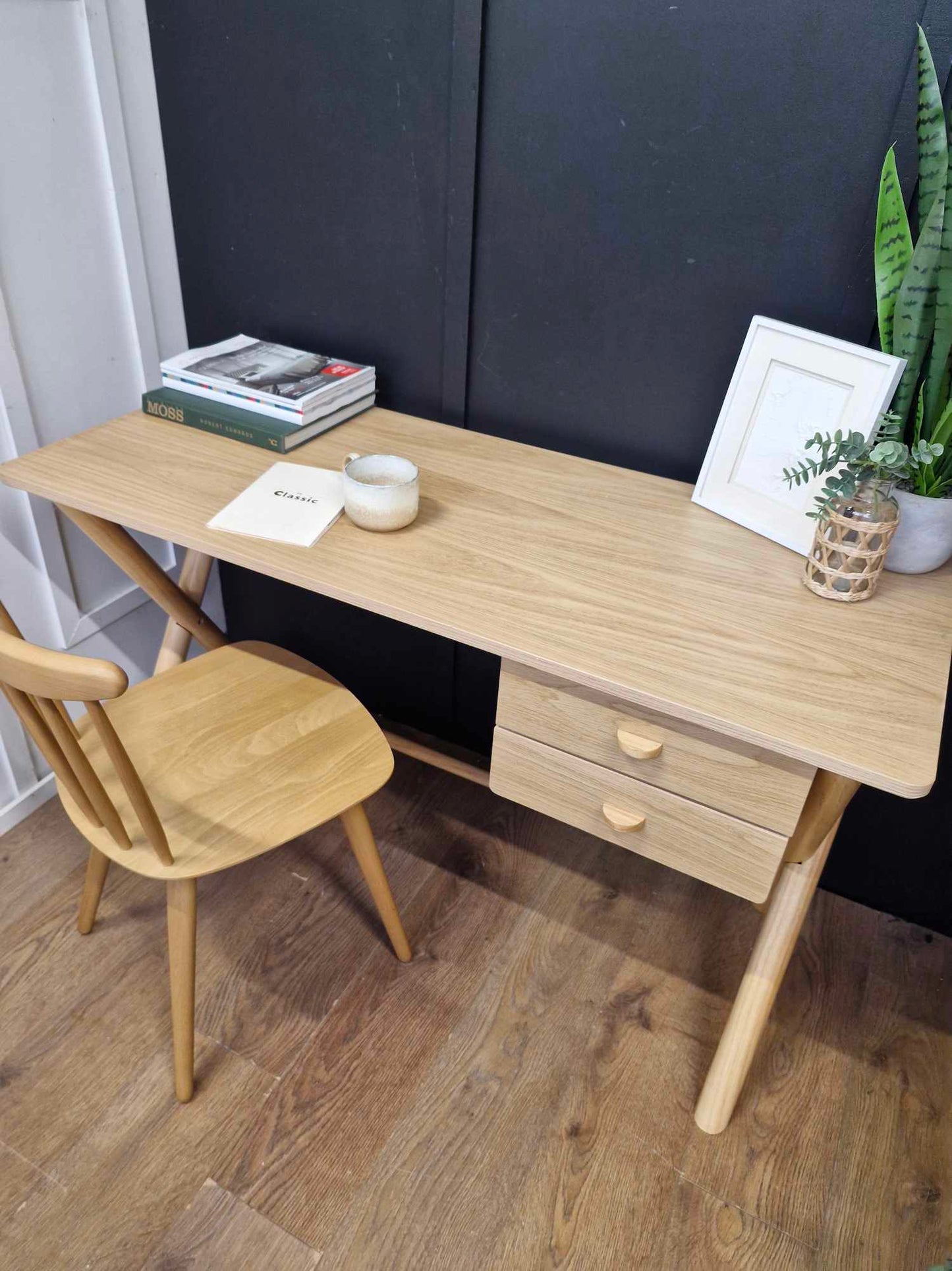 Large Oak Desk with crossed legs and drawers