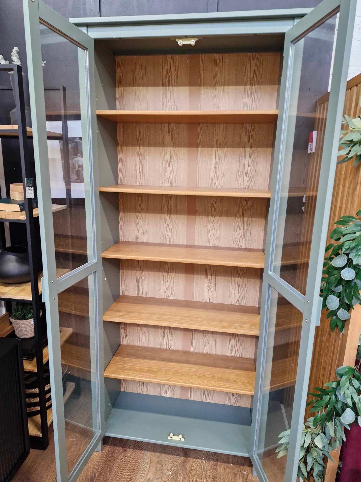 Green Eucalyptus and wood Tall cabinet with glass doors / Alvina Solid Pine Dresser Cabinet