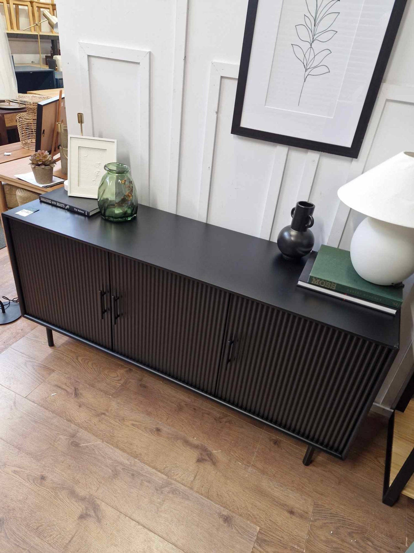 Black Large Sideboard with Fluted / Ribbed / Ridge doors