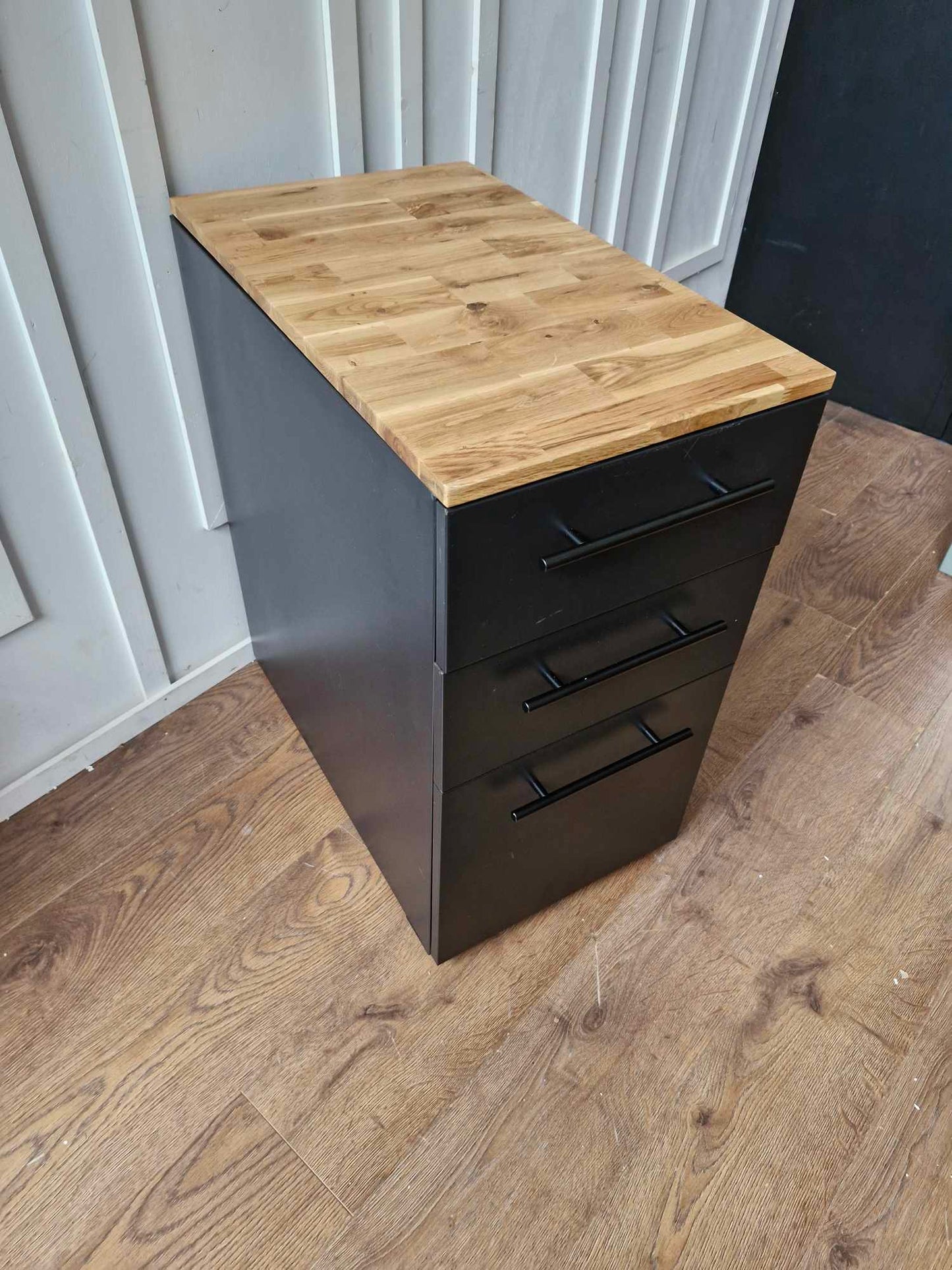 Black Metal and Oak Top Filling Cabinet / Home Office storage / La Redoute Hiba 3-Drawer Desk Unit