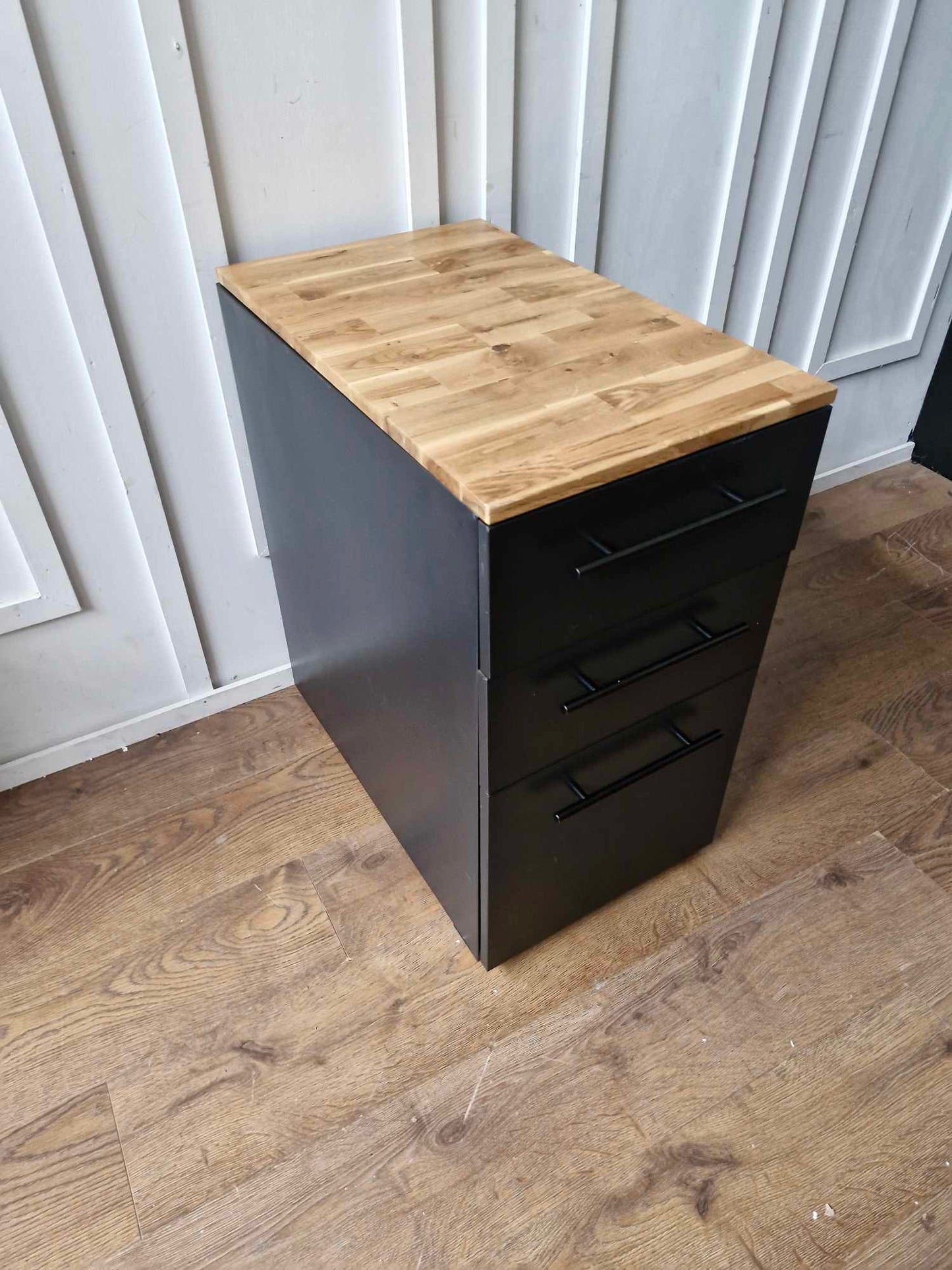 Black Metal and Oak Top Filling Cabinet / Home Office storage / La Redoute Hiba 3-Drawer Desk Unit