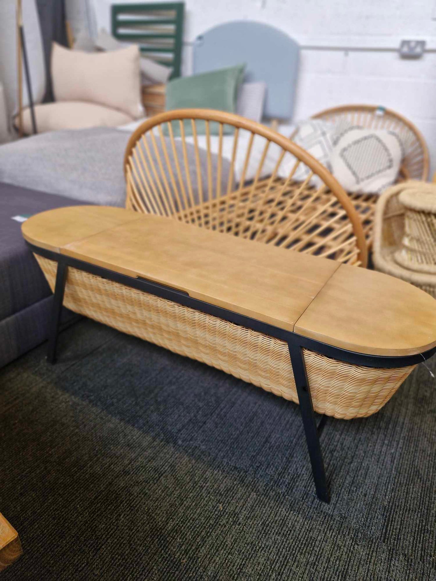 Storage Bench Solid Wood, Metal and Rattan