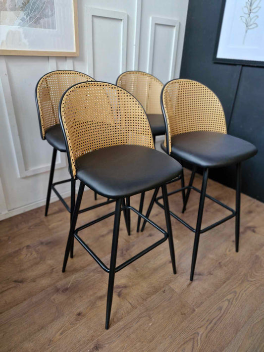 Set of 4 Barstools- Black and Rattan