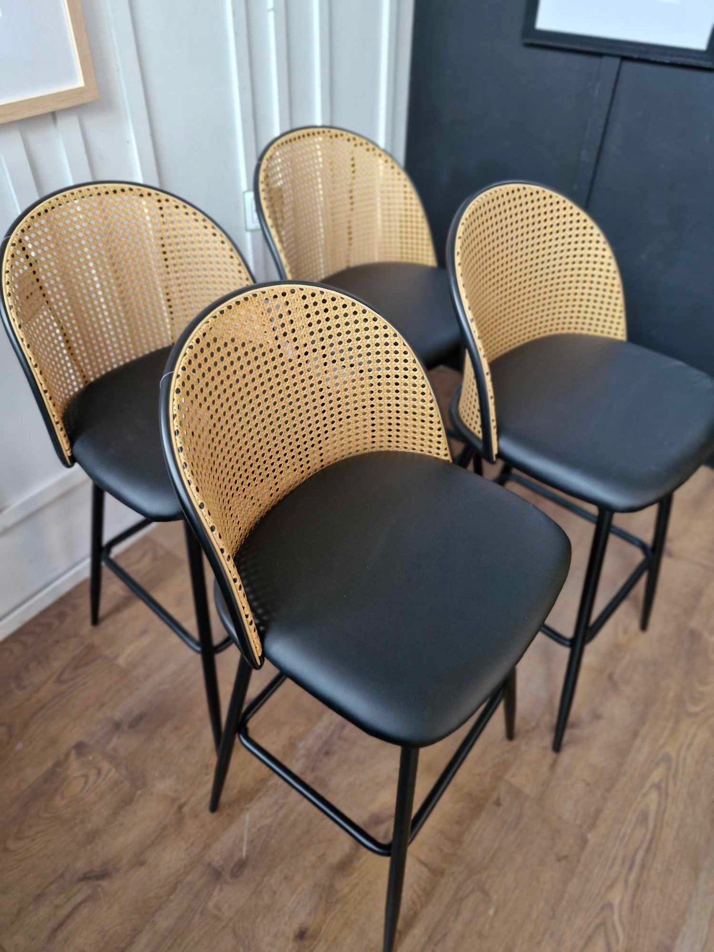 Set of 4 Barstools- Black and Rattan