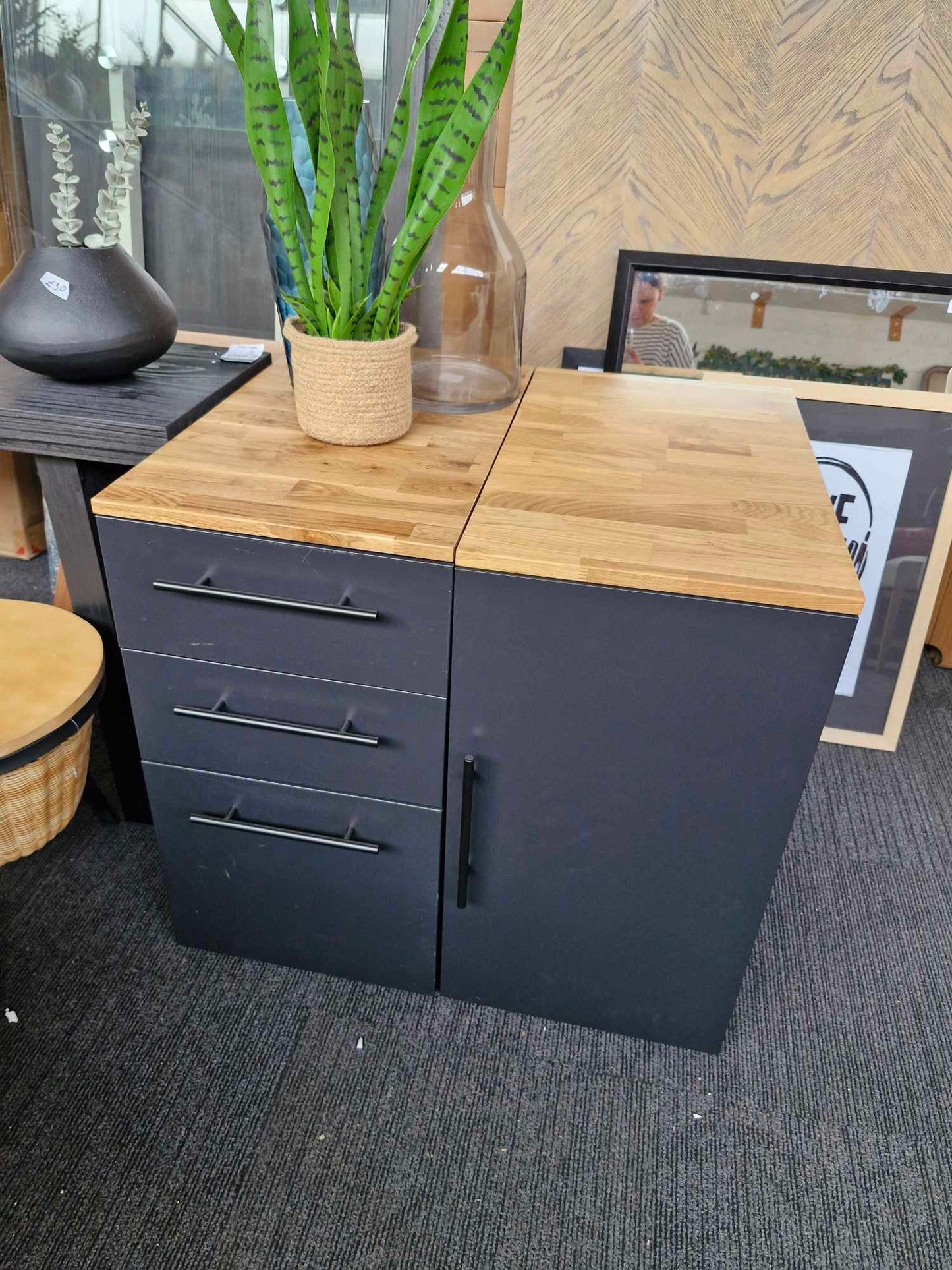 Black Metal and Oak Top Filling Cabinet / Home Office storage / La Redoute Hiba 3-Drawer Desk Unit