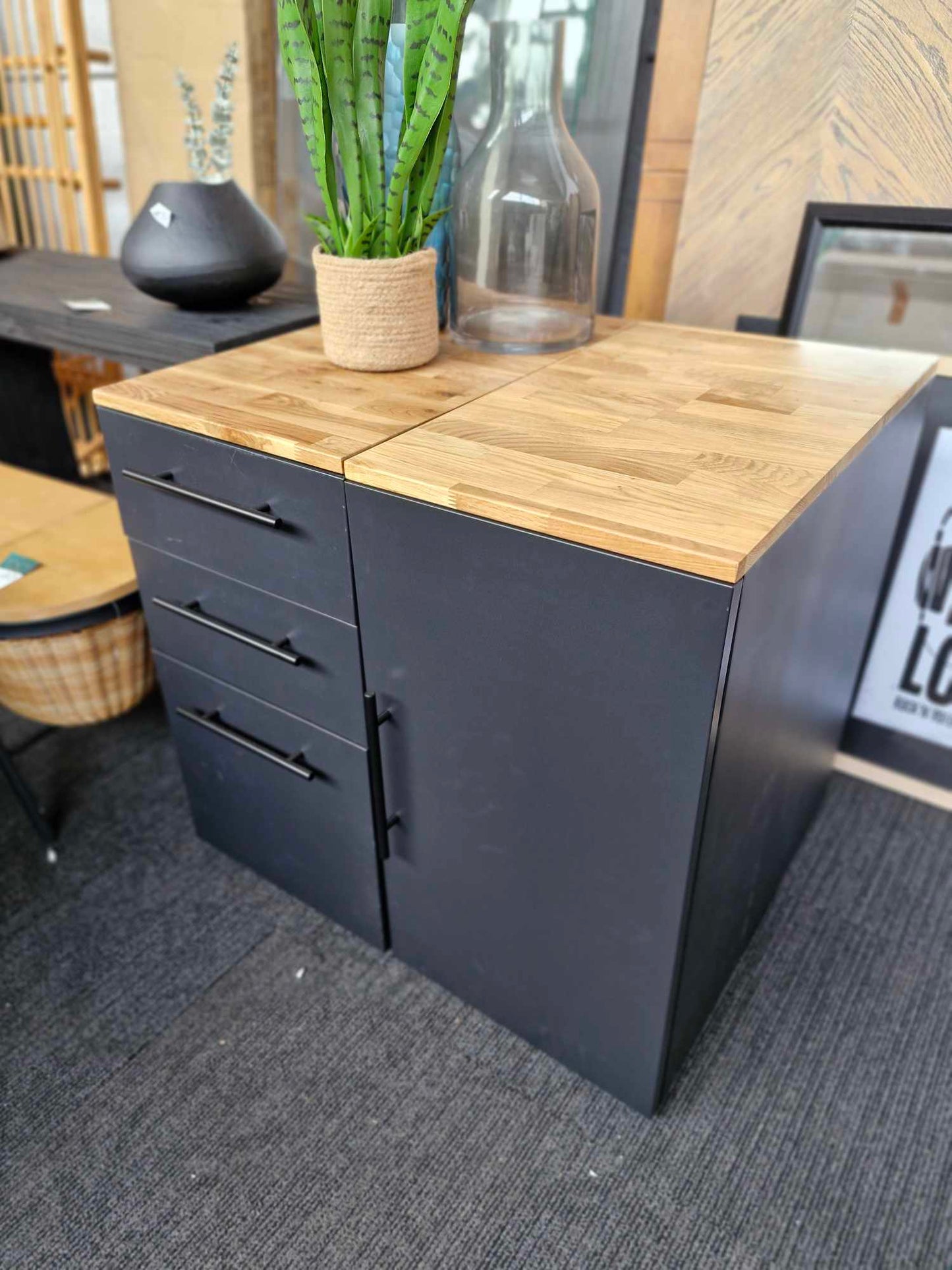 Black Metal and Oak Top Filling Cabinet / Home Office storage / La Redoute Hiba 3-Drawer Desk Unit