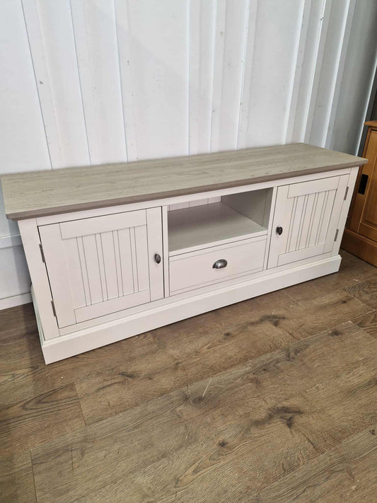 Solid wood white and grey large tv unit / Oak Furnitureland Brompton