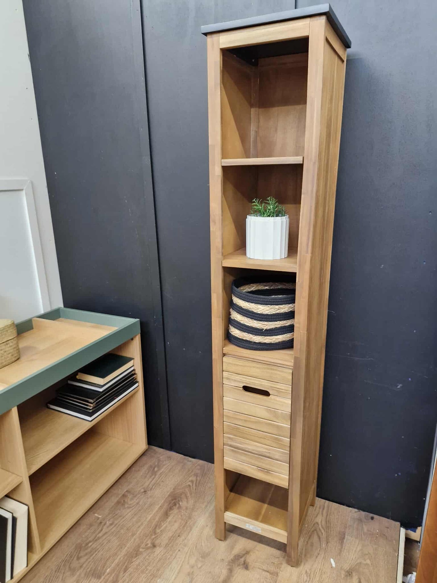 Bathroom Tall and Slim storage unit Acacia and Black Wood  / La Redoute Saturne RRP £299