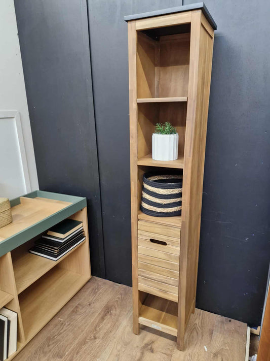 Bathroom Tall and Slim storage unit Acacia and Black Wood  / La Redoute Saturne RRP £299