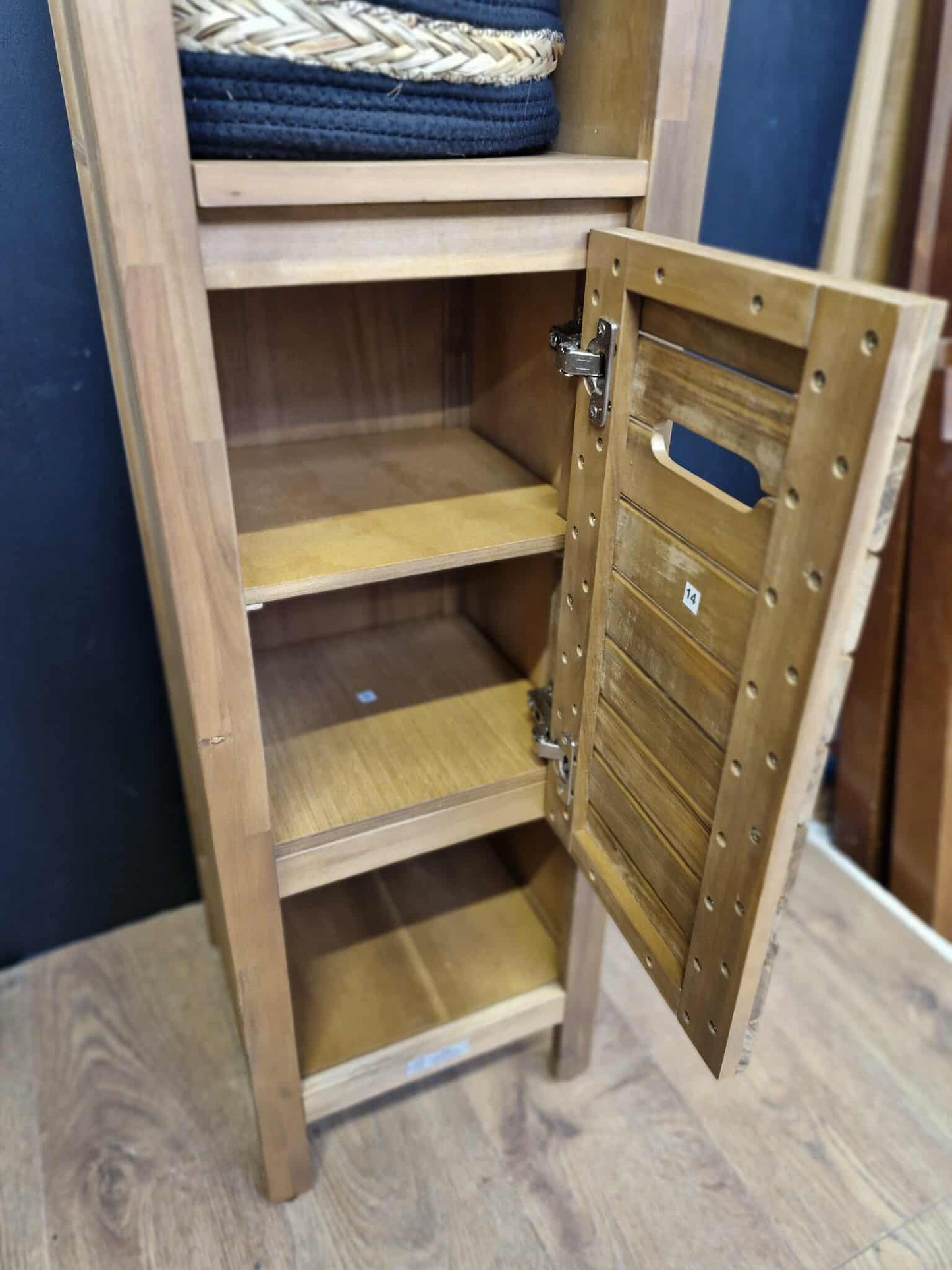 Bathroom Tall and Slim storage unit Acacia and Black Wood  / La Redoute Saturne RRP £299