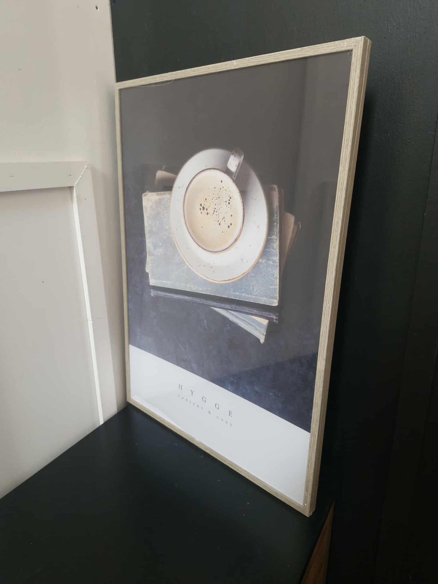Artwork, framed photo of cup of tea coffee "Hygge"