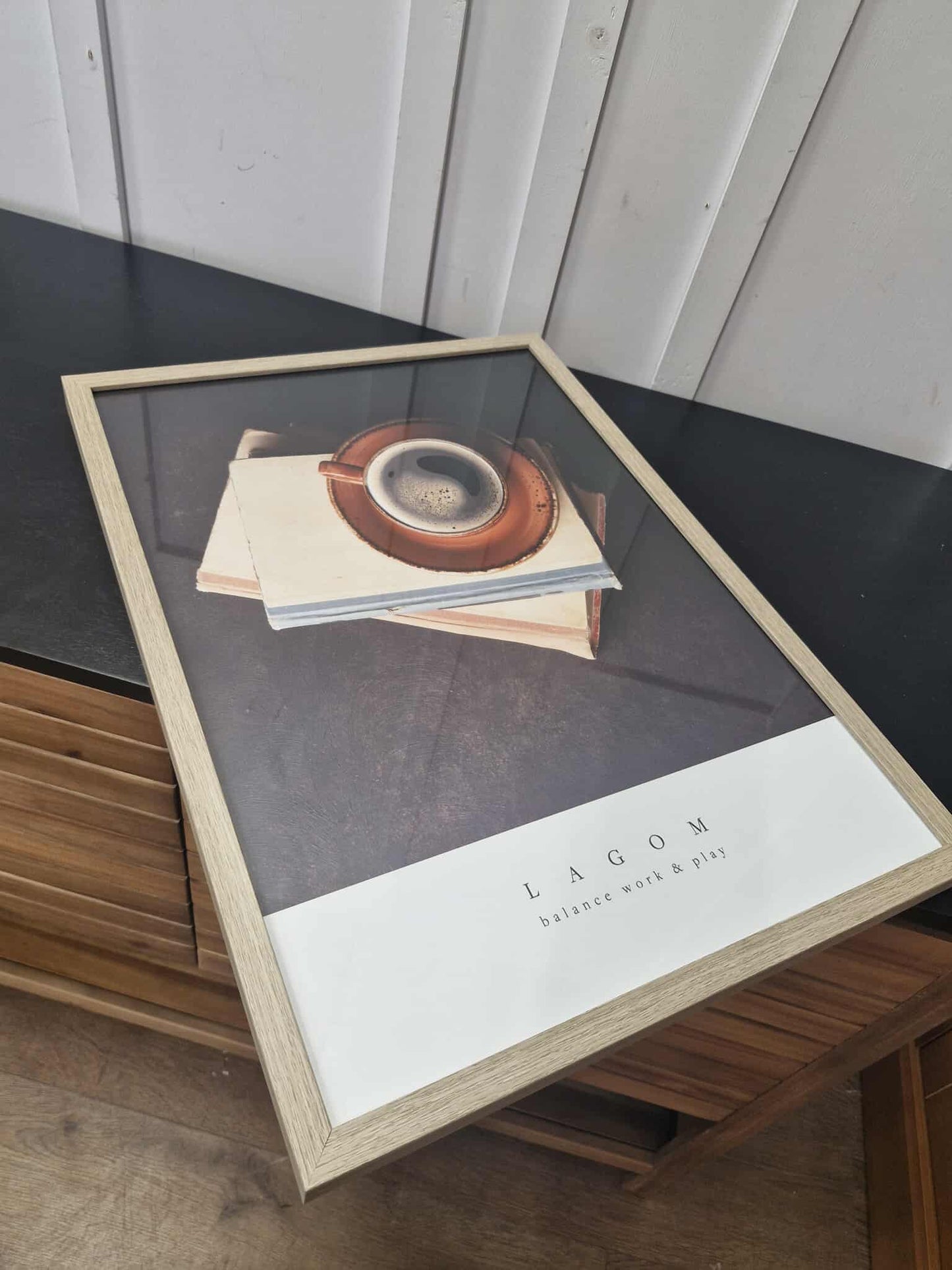 Artwork, framed photo of red cup of tea coffee "Lagom" Small