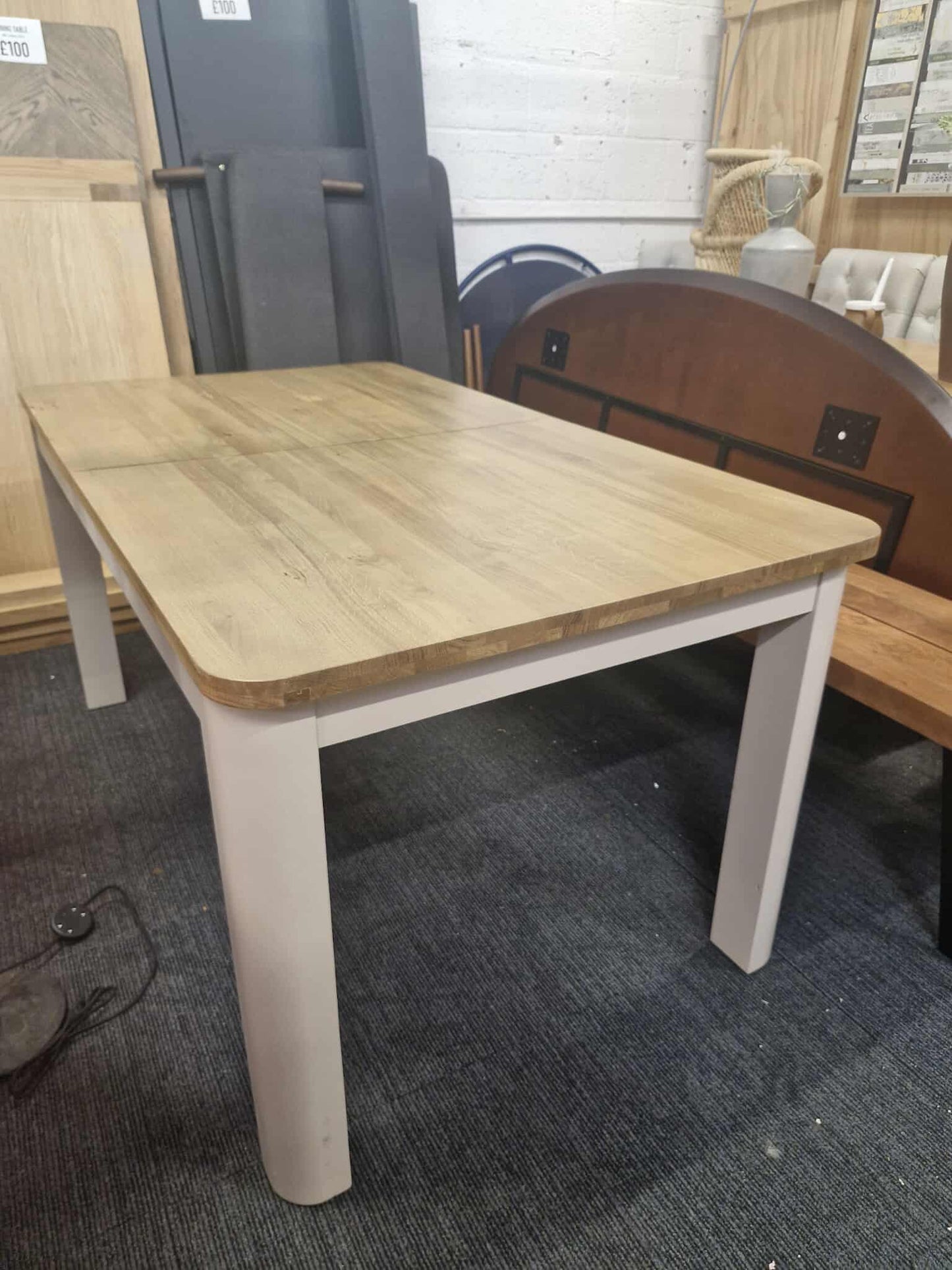Dining Table / Solid Wood- Smoked Oak and Stone Light Cream Painted / OAK FURNITURELAND OTTO