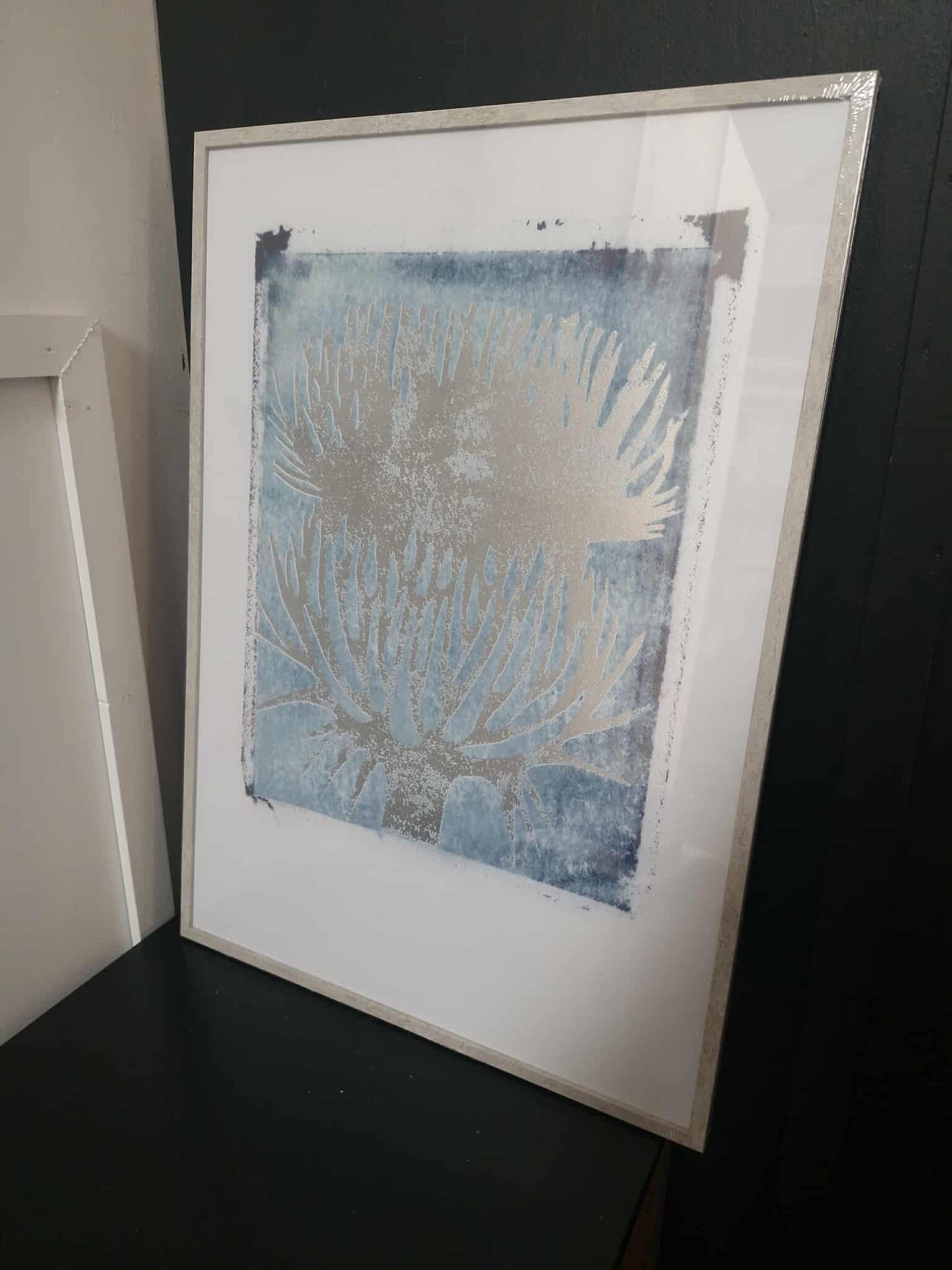 Abstract Print Blue Grey and Silver 50 x 70cm