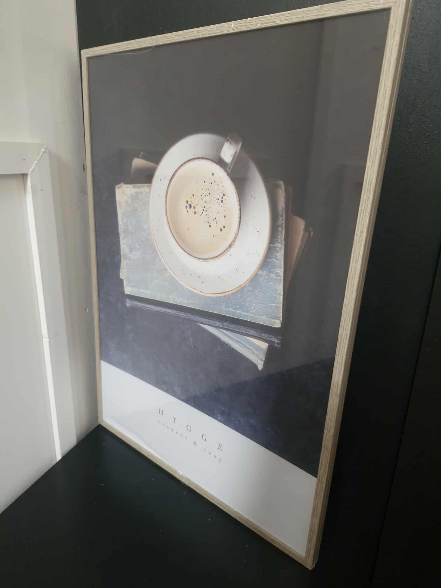 Artwork, framed photo of cup of tea coffee "Hygge"