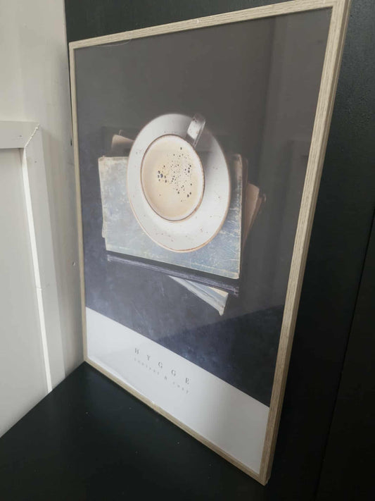 Artwork, framed photo of cup of tea coffee "Hygge"
