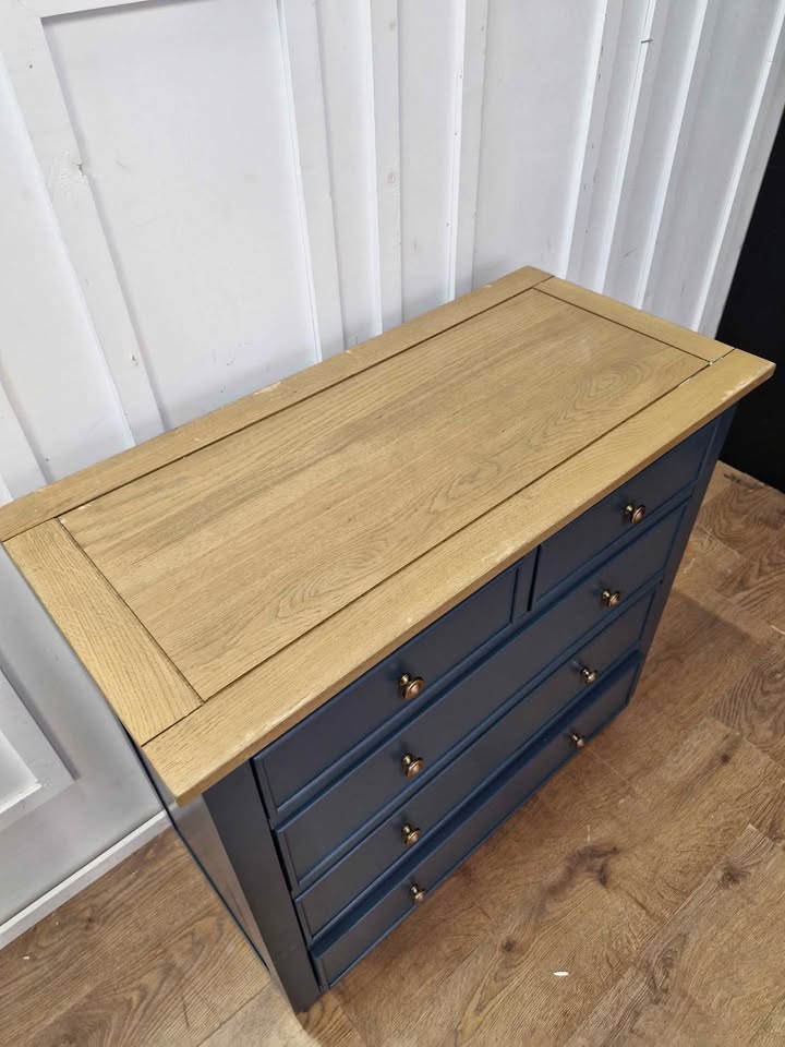 Solid Oak and Blue Chest of Drawers