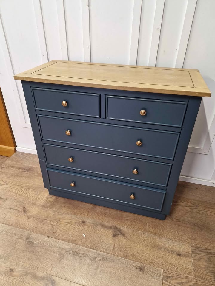 Solid Oak and Blue Chest of Drawers