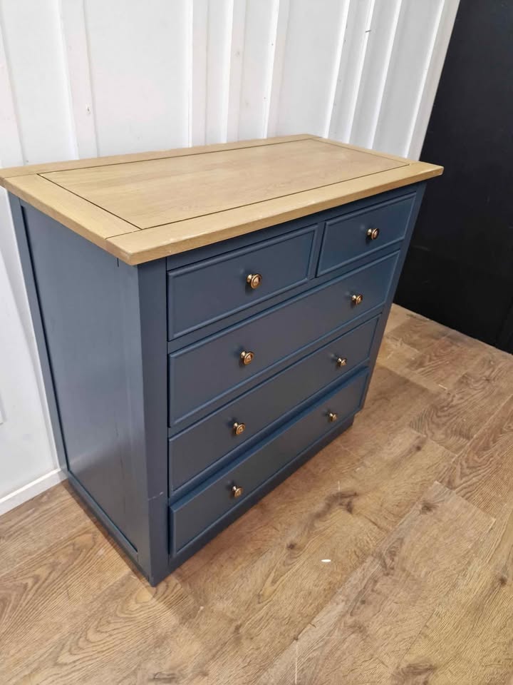 Solid Oak and Blue Chest of Drawers