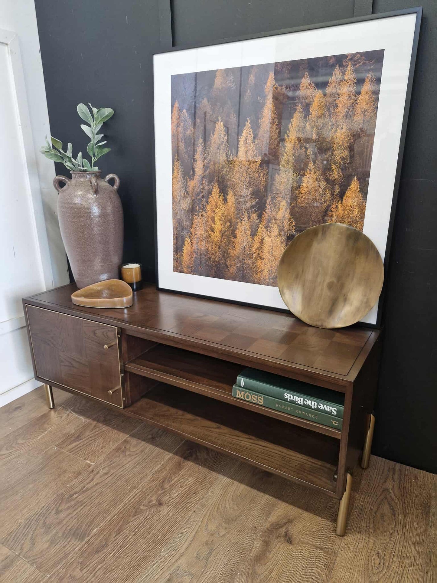 Small Dark wood TV stand with gold details
