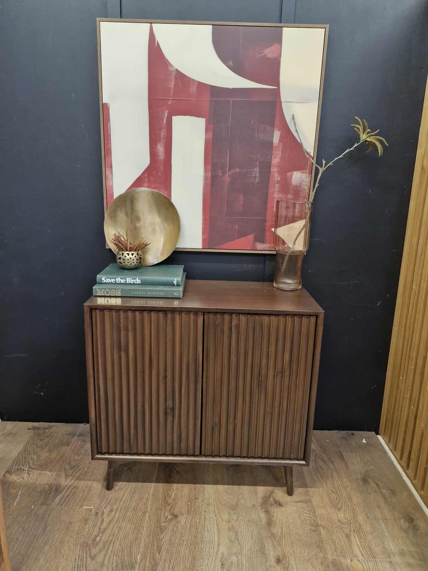 Dark Wood Walnut 2 Door Cupboard / Small Sideboard with fluted / ridged doors