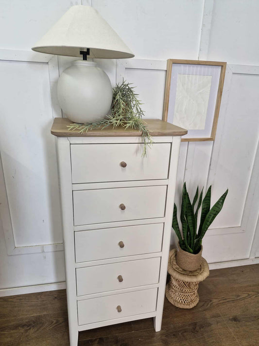 Wood and Off-White Tallboy with 5 Drawers