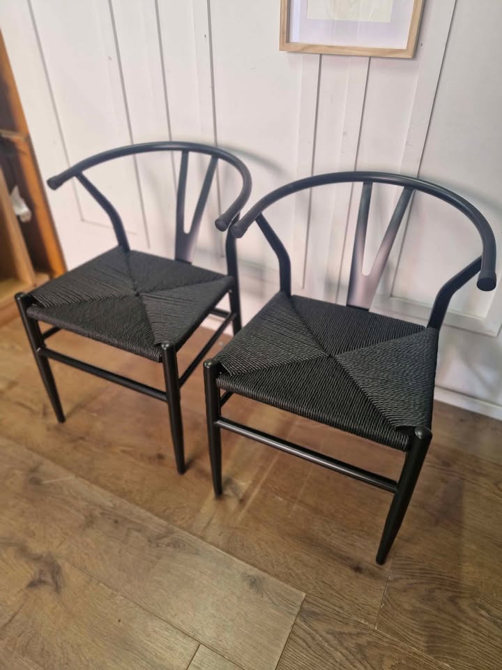 Black metal and rope dining chairs, set of 2