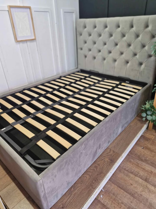 Double grey velvet ottoman storage bed / Made.com Skye