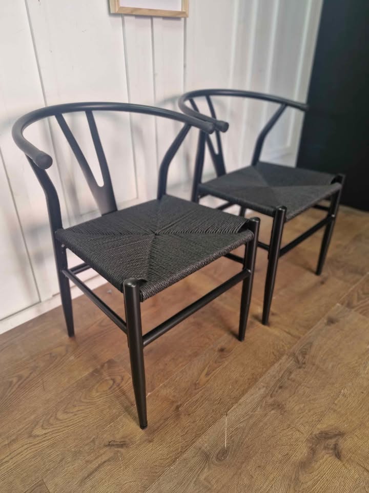 Black metal and rope dining chairs, set of 2