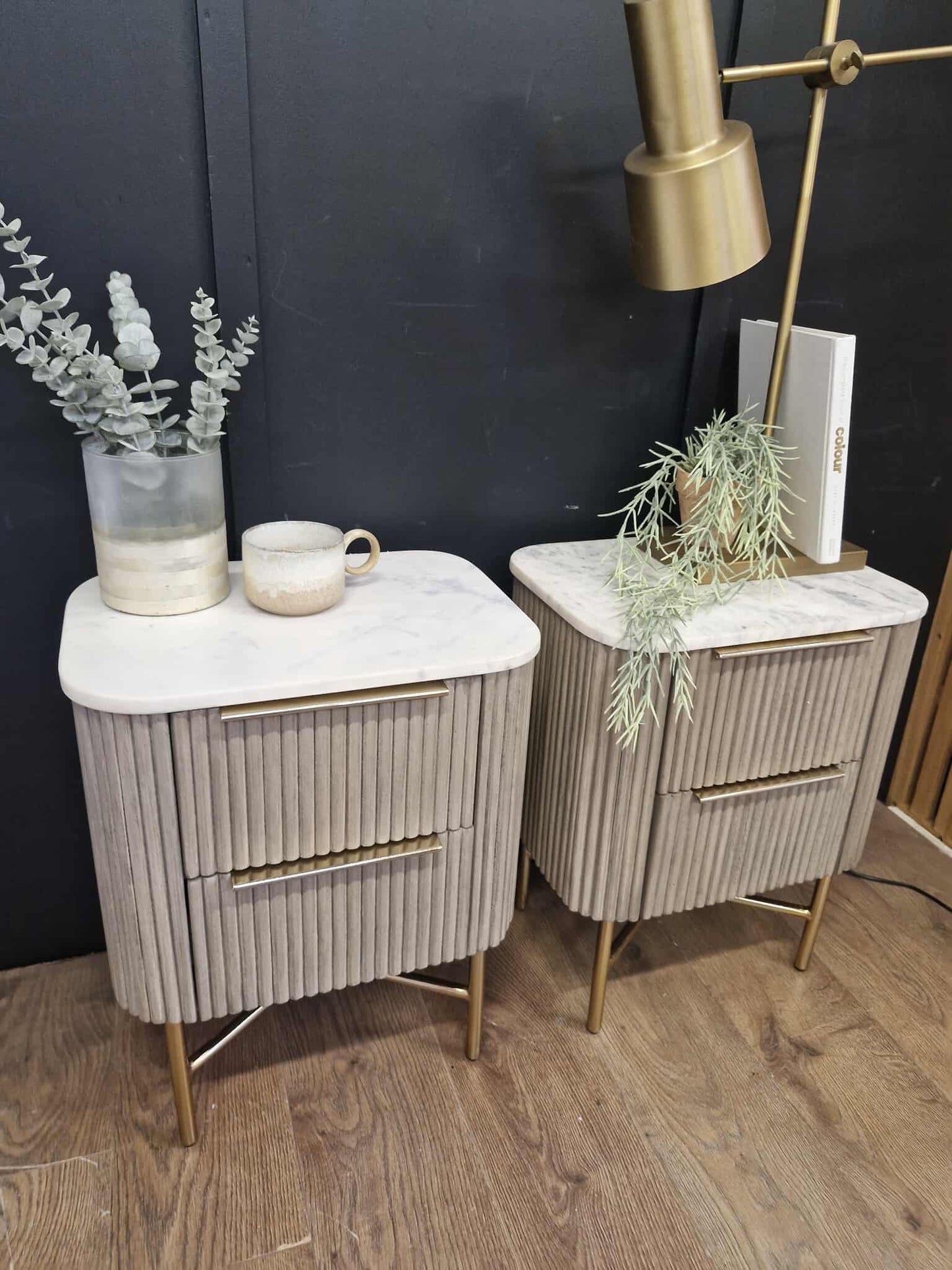 Bedside Tables, set of 2 / Marble and Grey Solid Wood