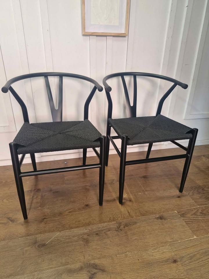 Black metal and rope dining chairs, set of 2