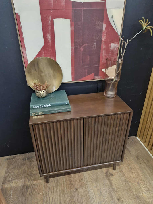 Dark Wood Walnut 2 Door Cupboard / Small Sideboard with fluted / ridged doors