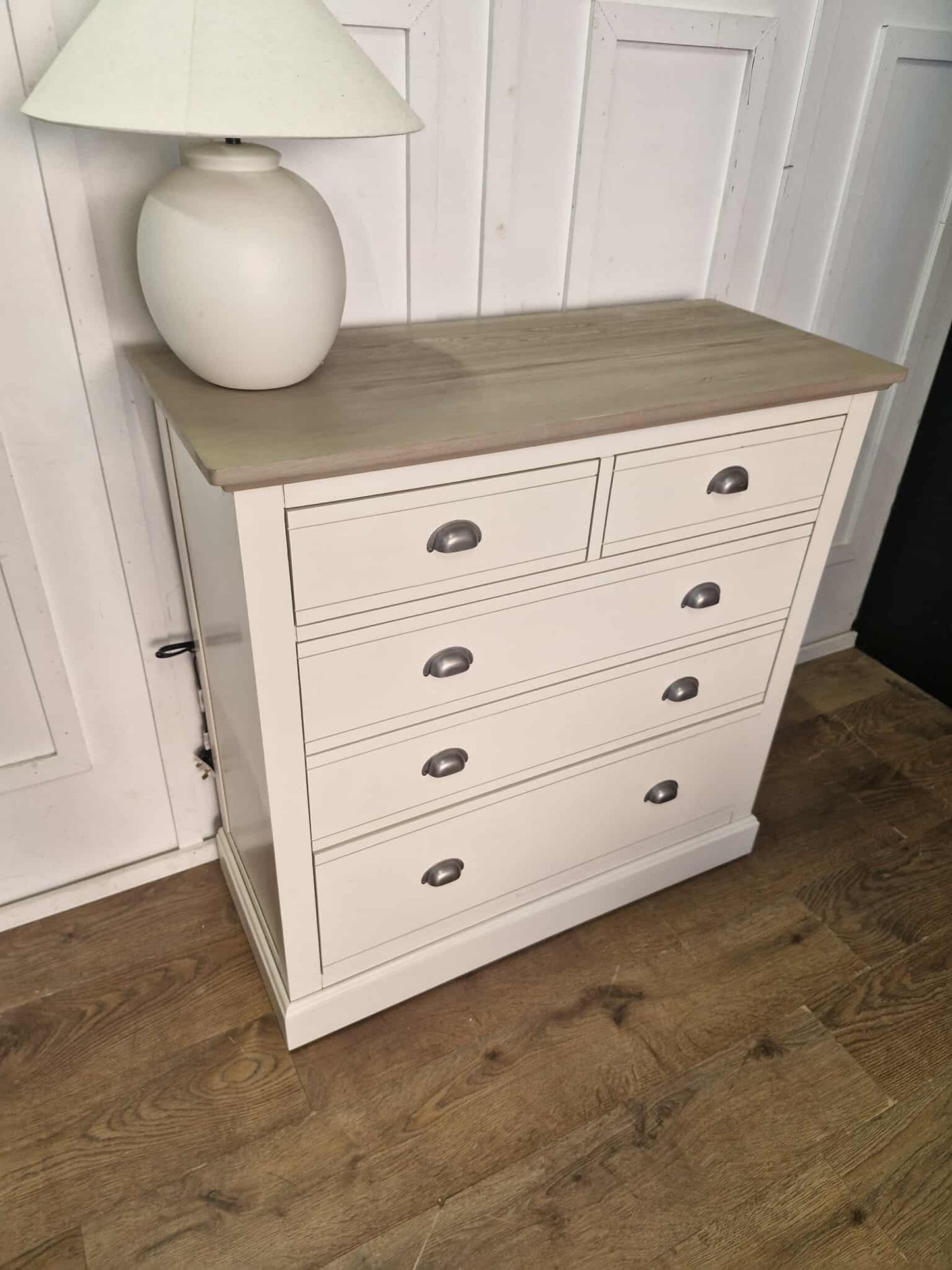 Off White and Grey Solid Wood Chest of 5 Drawers / Oak FurnitureLand Brompton RRP £579