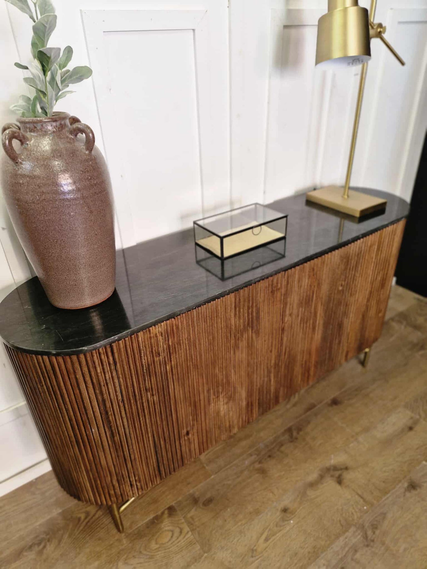 Black Marble and Dark Solid Wood Sideboard