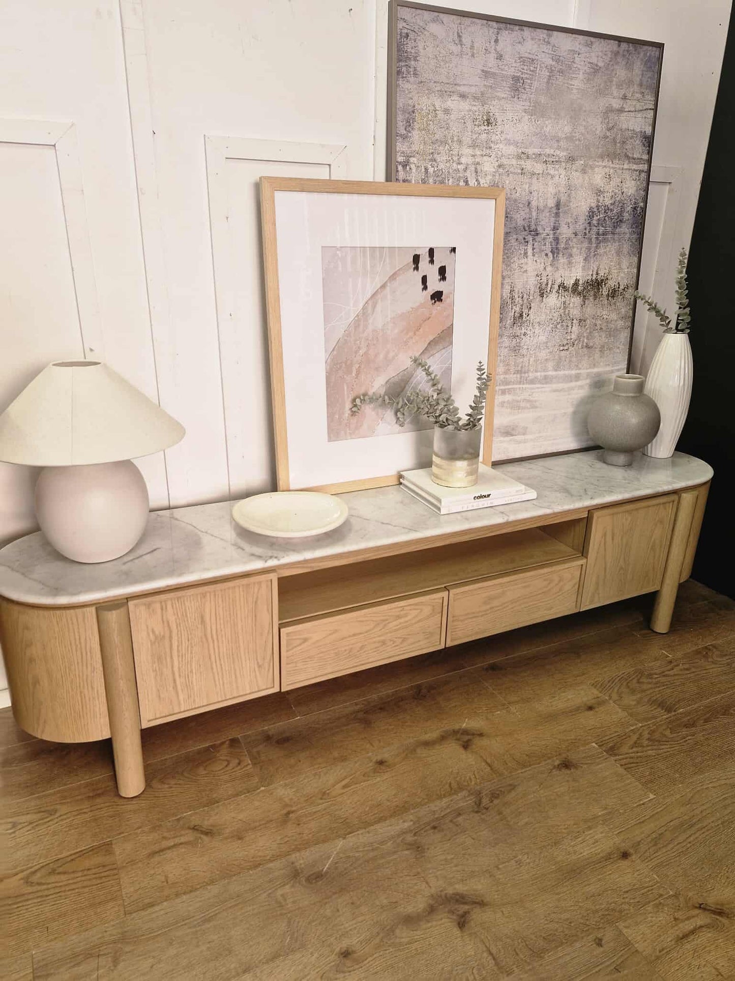 Wood and Marble Wide Media Unit / Low Tv Stand