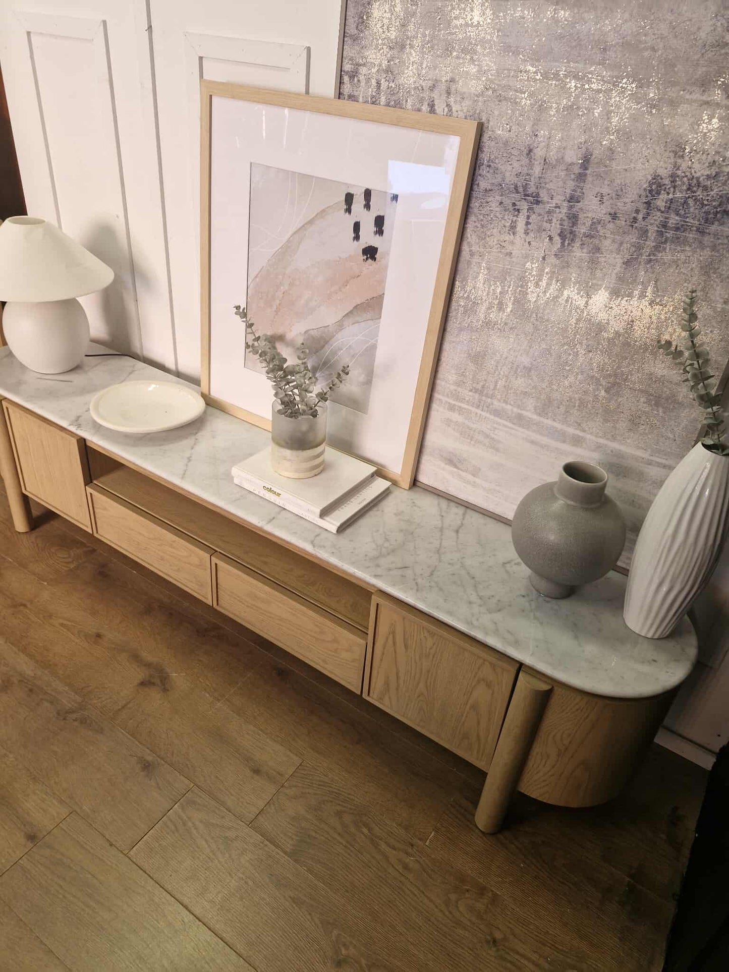 Wood and Marble Wide Media Unit / Low Tv Stand