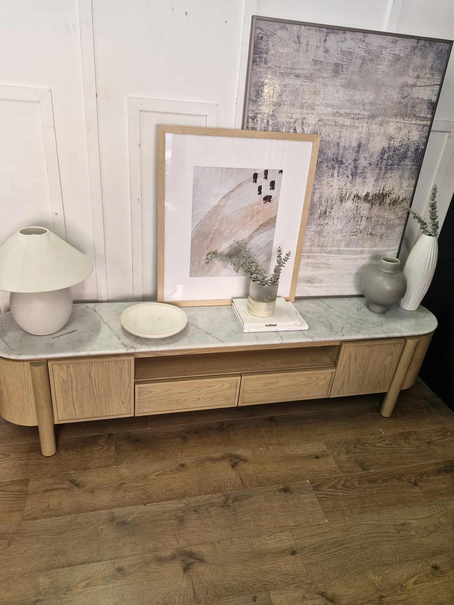 Wood and Marble Wide Media Unit / Low Tv Stand