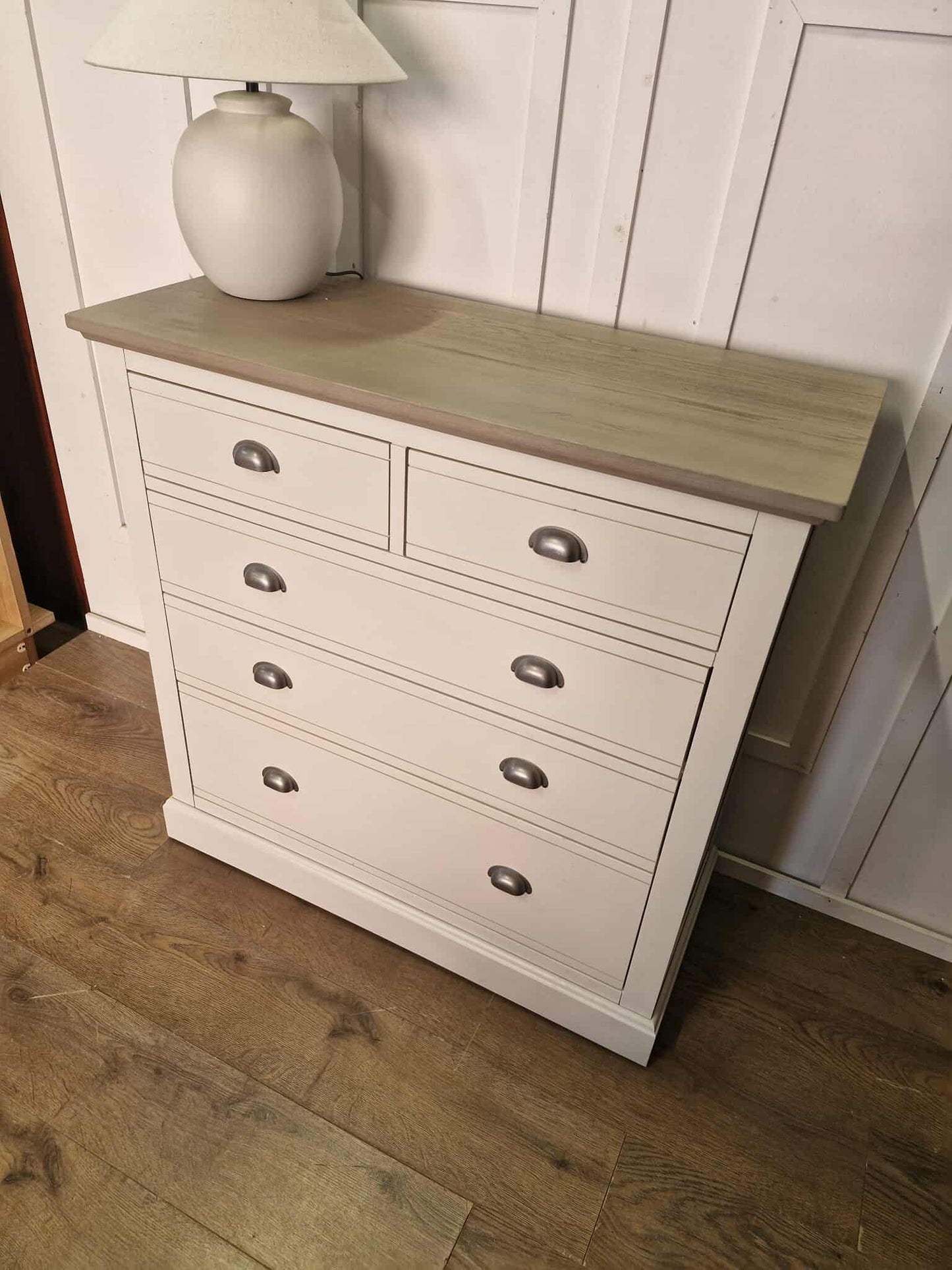 Off White and Grey Solid Wood Chest of 5 Drawers / Oak FurnitureLand Brompton RRP £579
