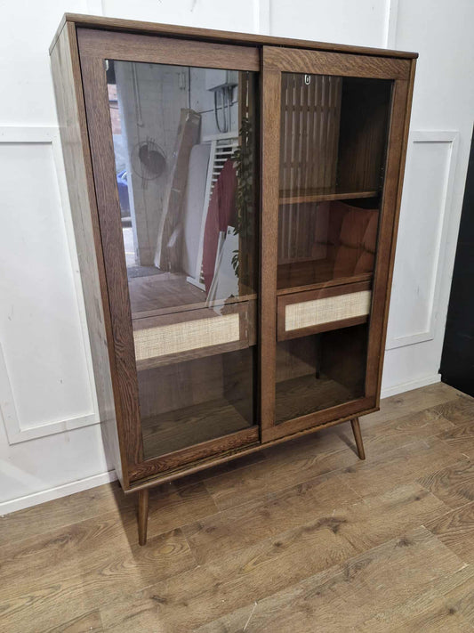 Dark Wood and Glass Sliding Door Display Cabinet with Rattan Drawers