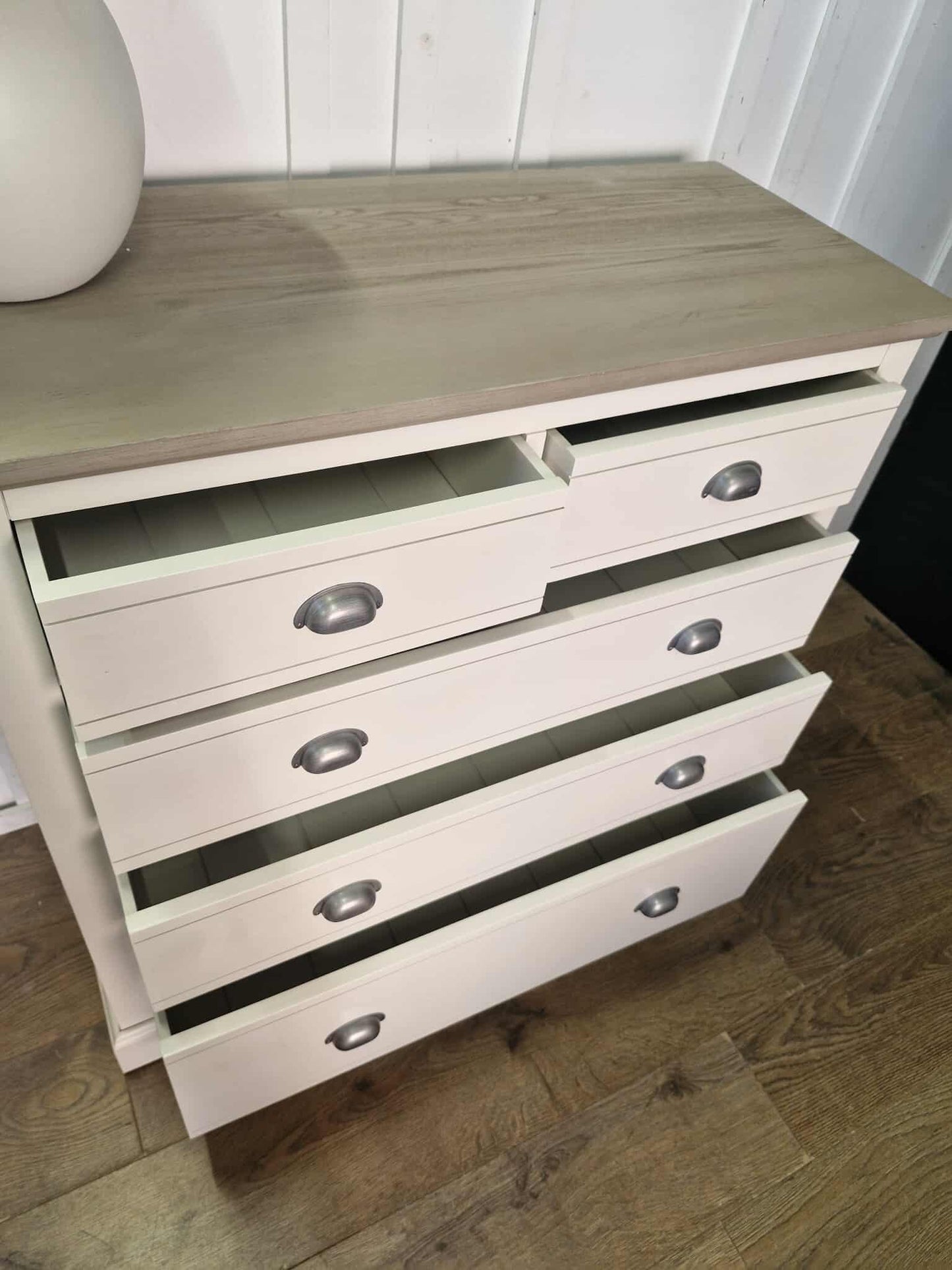 Off White and Grey Solid Wood Chest of 5 Drawers / Oak FurnitureLand Brompton RRP £579