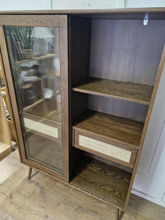 Dark Wood and Glass Sliding Door Display Cabinet with Rattan Drawers