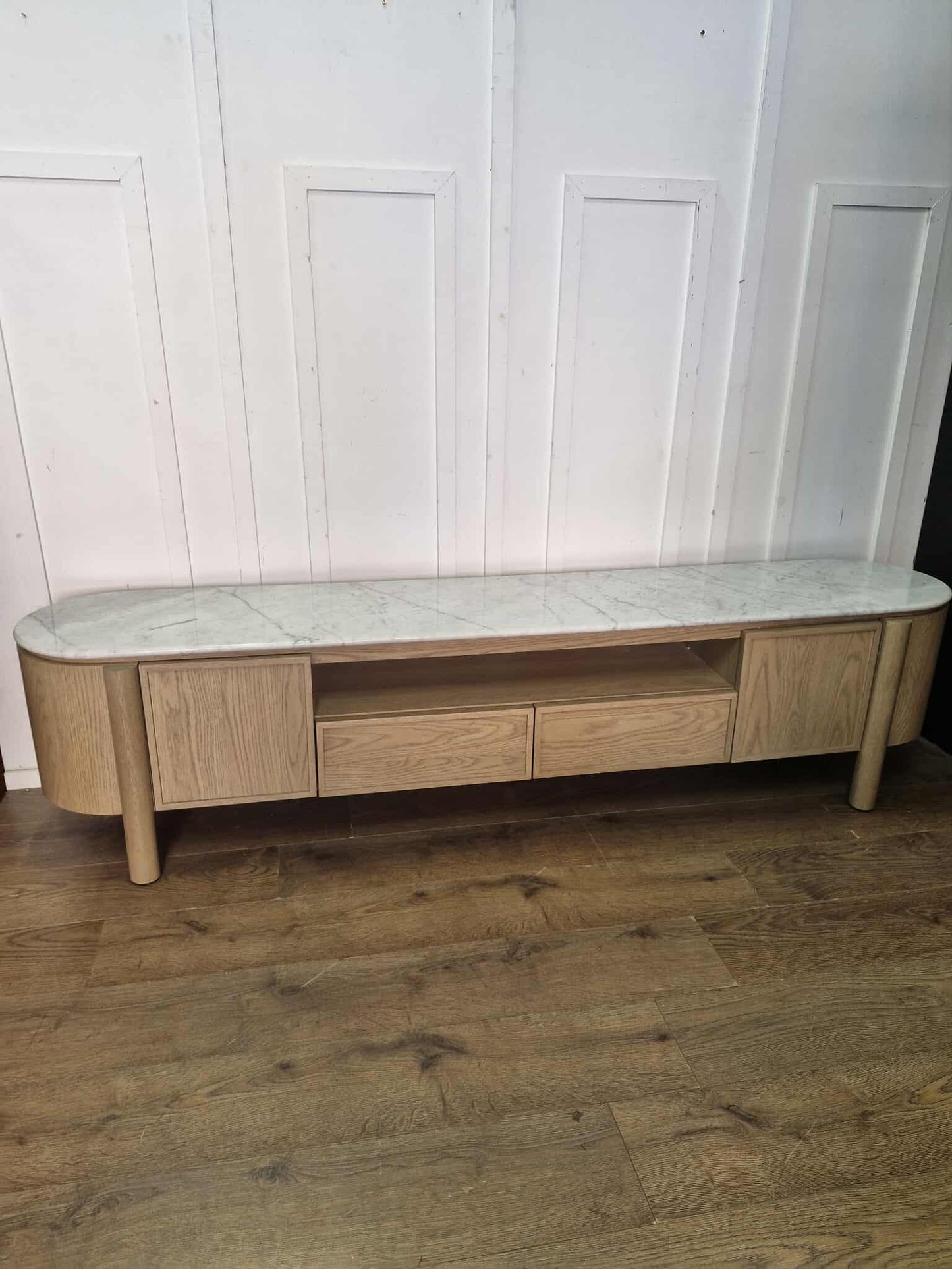 Wood and Marble Wide Media Unit / Low Tv Stand