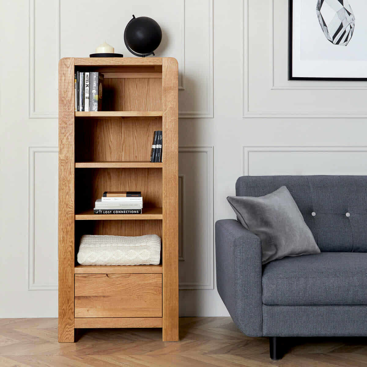 Oak Slim Bookcase / Tower Unit with drawer