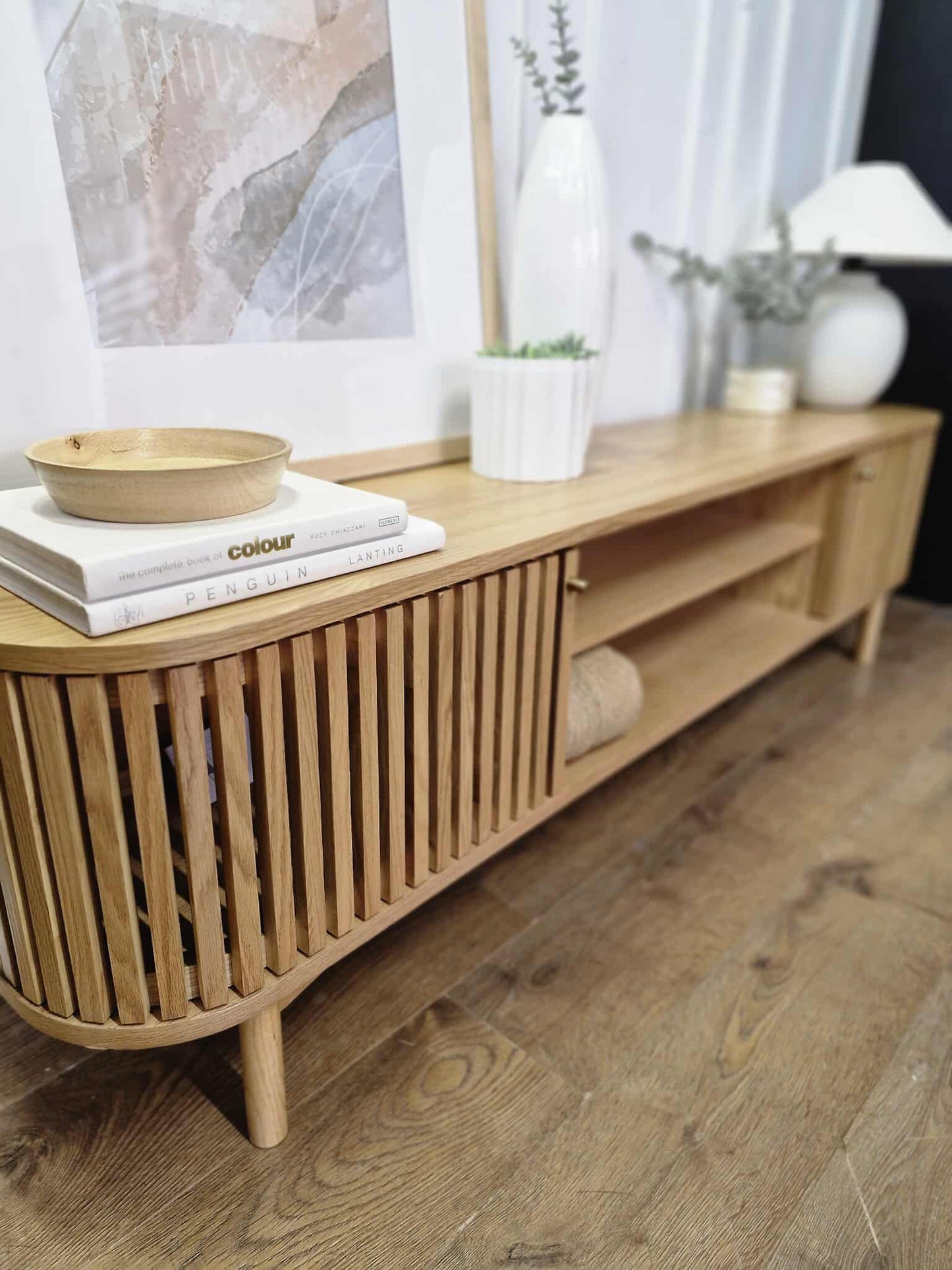 Oak 180cm Slatted TV Unit