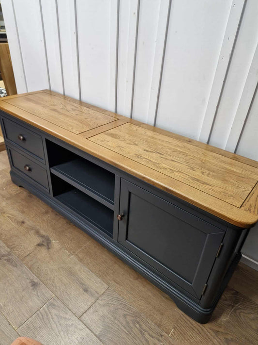 Oak and Blue Painted Wide TV Stand