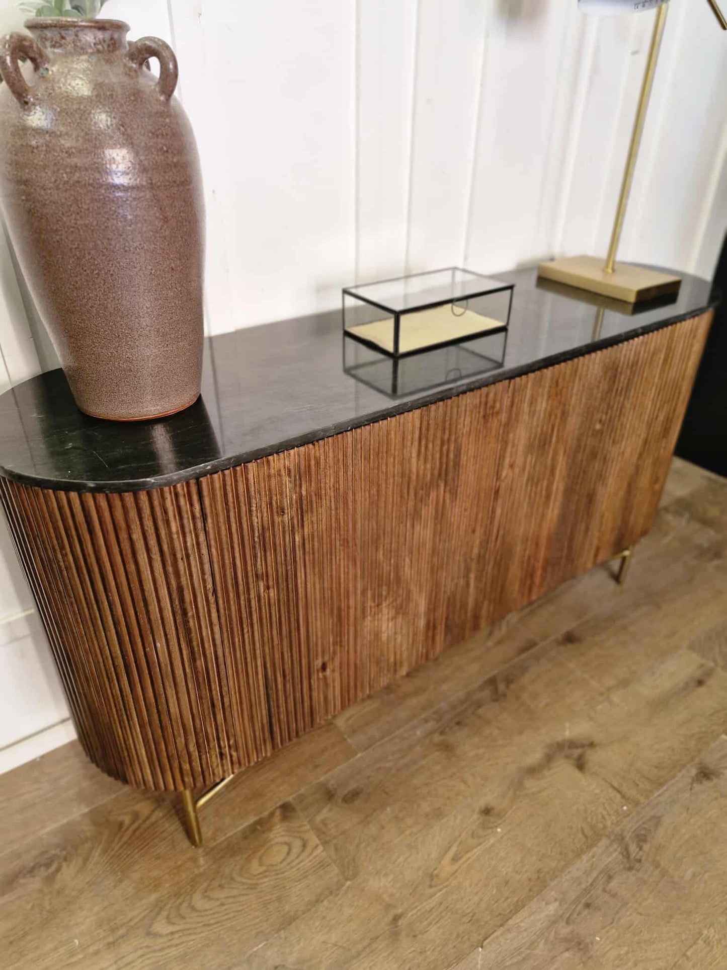 Black Marble and Dark Solid Wood Sideboard