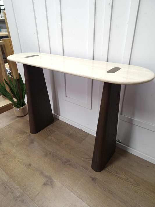 Console table dark wood legs and Travertine top