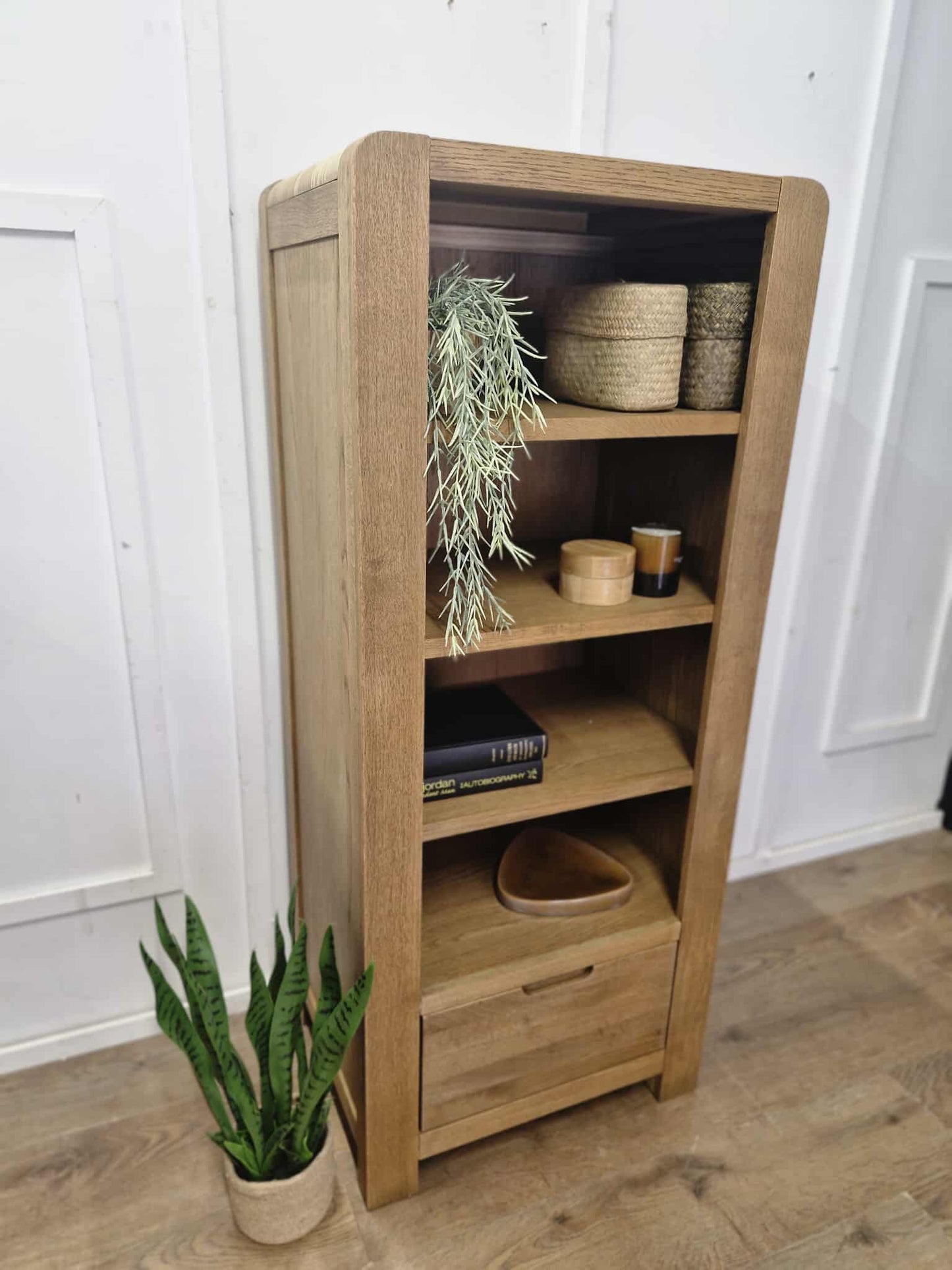 Oak Slim Bookcase / Tower Unit with drawer
